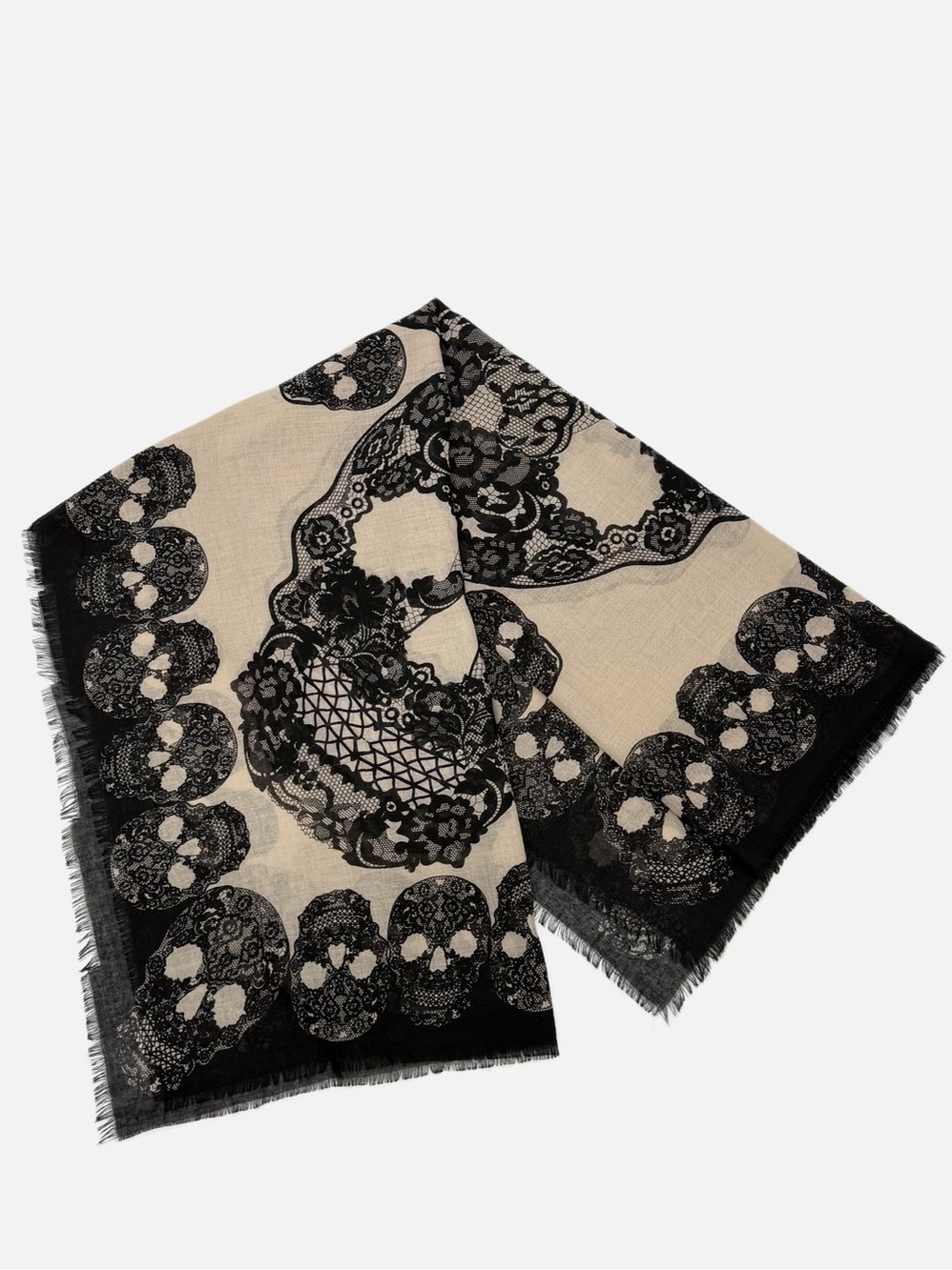 Black Beige Lace Skull Print Oversized Square Scarf Gothic - Picture 2 of 7